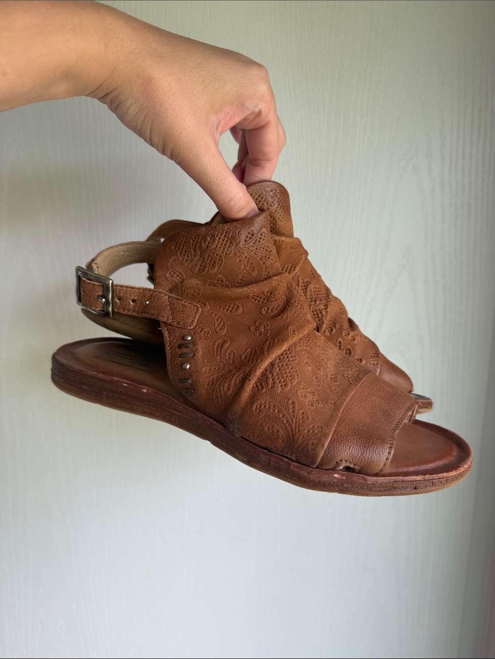 Miz Mooz Brown Leather Peep-Toe Slingback Sandals